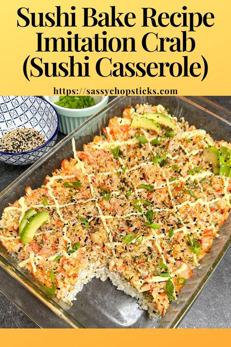 This sushi bake recipe with imitation crab is a fusion of traditional sushi flavors baked into a casserole-style dish. Recipes With Immitation Crab, Imitated Crab Recipes With Rice, Sushi Bake Chicken, Baked Sushi Rice Recipe Crab, Sushi Rice Bake Recipe, Tuna And Crab Sushi Bake, Sushi Bake With Crab, Shrimp Tempura Sushi Bake, Easy Imitated Crab Recipes