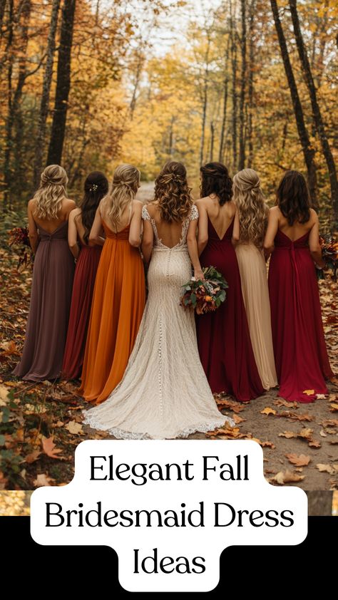 A group of bridesmaids wearing elegant fall dresses in rich autumn tones, standing outdoors in a scenic autumn setting with leaves on the ground, showcasing timeless styles perfect for cooler weather. Country Themed Bridesmaid Dresses, Fall Color Bridesmaids Dresses, Country Fall Bridesmaid Dresses, Autumn Bridesmaids Dresses, Fall Gradient Bridesmaid Dresses, Carmel Bridesmaid Dresses, Bridesmaid Dresses October Wedding, Rustic Barn Wedding Bridesmaid Dresses, Fall Wedding Color Bridesmaid Dresses