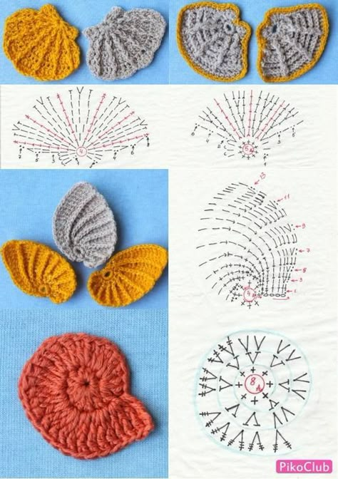 Shells Made From Crochet! Graphics And Ideas Crochet Sea Shells Pattern Free, Nautilus Crochet, Crochet Seashell Applique, Maxi Dress Ideas, Crochet Seashell, Nautical Crochet, Crochet Applique Patterns Free, Crochet Butterfly Pattern, Crochet Fish