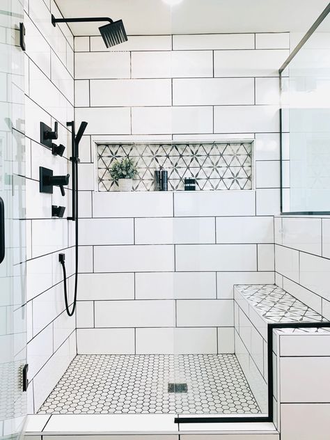 Custom tile shower with a channel niche and built-in bench… Master Tile Shower With Bench, Shower With Shelf And Bench, Shower Pocket Shelf, Shower Tile Shelves, Shower Tile Bench, Walk In Shower With Niche, 4x5 Shower With Bench, Shower Tile Floor Ideas Master Bath, Bench Shower Ideas