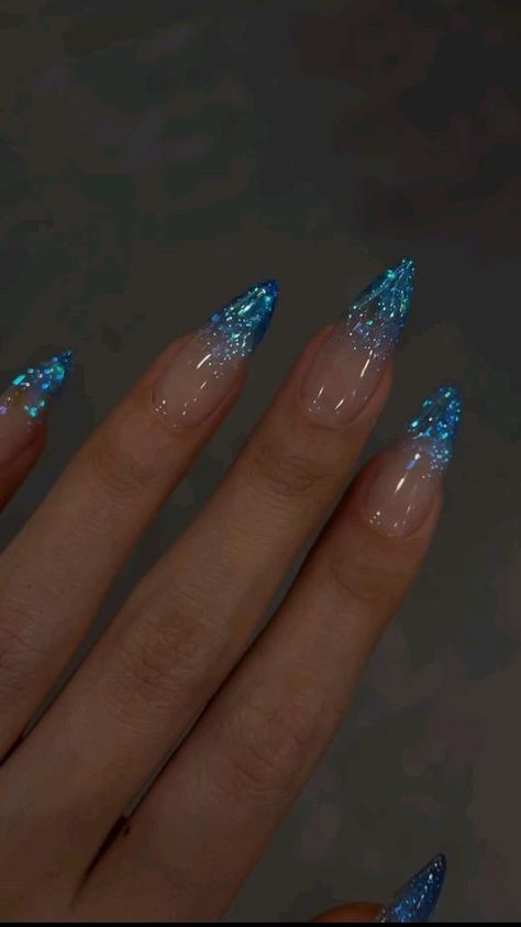 Metallic French Nails, Nails Winter Blue, French Nails Winter, Winter Blue Nails, Metallic Blue Nails, Glitter French Nails, Artistic Nails, Festive Nails, Blue Glitter Nails