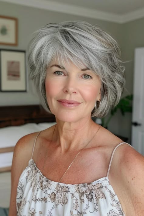 Smiling woman with short grey hair in a casual bedroom setting. New Gray Hair Trend, Haircuts 2024 Medium Hair, Shaggy Gray Hairstyles, Gray Hair Wigs, Short Grey Hair With Lowlights, Medium Silver Hairstyles, Chin Length Gray Hairstyles, Gray Hair Shoulder Length, Over 60 Grey Hairstyles For Women