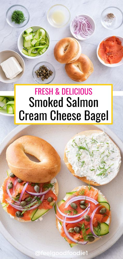 Bagel And Lox Sandwich, Bagel With Cream Cheese Breakfast, Smoked Salmon Mini Bagel, Brunch Bagel Ideas, Bagel Smoked Salmon Cream Cheeses, Bagels Smoked Salmon, Salmon On Bagel Cream Cheeses, Bagel And Salmon Cream Cheeses, Bagels With Salmon And Cream Cheese