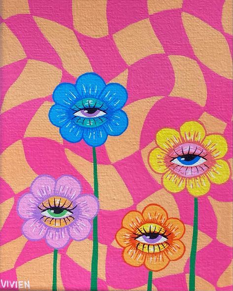 Flower Power Painting, Funky Flower Painting, Funky Flowers Drawing, Eye Flower Painting, Trippy Flower Art, Emo Painting, Psychodelisch Art, Flowers Drawing Aesthetic, Indie Painting Ideas