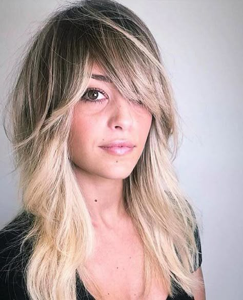 Long Sideswept Bangs Red Hair Cuts, Feathered Hair Cut, Feathered Hair, Medium Blonde Hair, Long Shag Haircut, Shag Haircut, Long Blonde, Short Haircut, Hairstyles For Long Hair