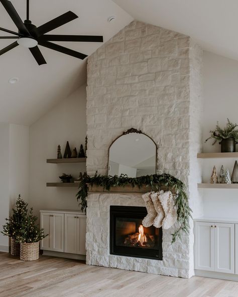 We love a timeless, stone fireplace and the warmth it adds to a space🤎 • • • • 📸@brookepavel | Instagram Brick Fireplace Mantles, White Stone Fireplaces, White Brick Fireplace, Fireplace Built Ins, White Fireplace, Farmhouse Fireplace, Fireplace Remodel, Diy Fireplace, Christmas Fireplace