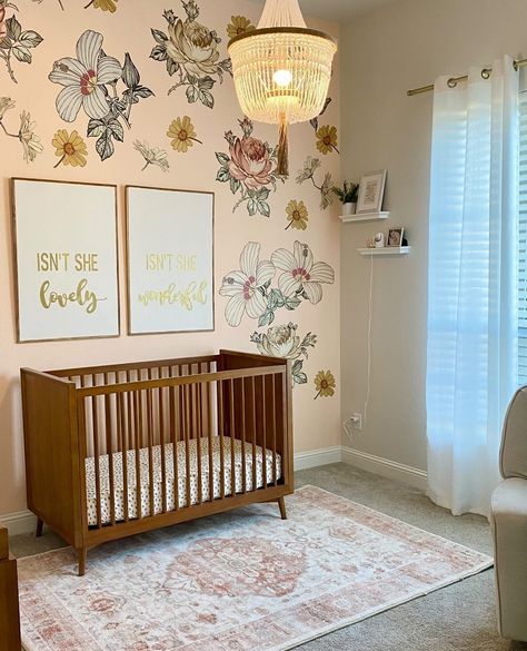 These wall decals look amazing on any color wall! The blush pink walls make them pull more feminine in this nursery, but against a moodier wall they look more boho.⁠ ⁠ Celebrate our Sixteenth Birthday with us right now with code: SWEET16 for 16% off!⁠ ⁠ 📸: @heyelizabeth⁠ ⁠ #projectnursery #nursery #bohonursery #femininenursery #girlnursery #babygirlnursery #nurserydecor #nurseryinspo #floralnursery #floralwalldecals Wallpaper Girl Nursery, Blush Pink Walls, Wild Flower Nursery, Flower Peel And Stick Wallpaper, Nursery Wall Ideas, Floral Nursery Ideas, Floral Baby Nursery, Girls Nursery Ideas, Feminine Nursery