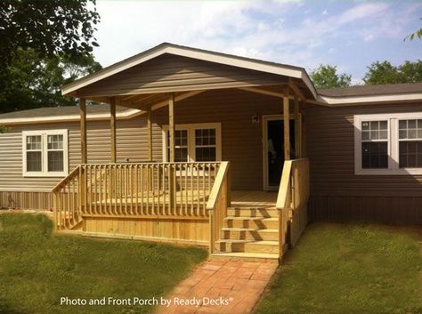 Affordable and attractive gable style front porch with porch skirting built by Ready Decks® and shared on Front-Porch-Ideas-and-More.com Mobile Home Porches, Manufactured Home Porch, Veranda Design, Porch Kits, Porch Design Ideas, Building A Porch, Mobile Home Decorating, Front Porch Design, Mobile Home Porch