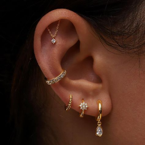 3 Love Piercings, Ear Piercing Inspo Both Ears, Curated Ear Piercing Small Ears, Piercings Small Ears, Dainty Piercing Stack, Wedding Piercings, Simple Ear Stacking Ideas, 3rd Lobe Piercing Ideas, Triples And Cartilage Ear Piercing