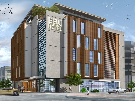 Exterior | Images :: Behance Comercial Building Facades, Small Hotel Facade, Hotel Front Elevation Design, Commercial Design Exterior Architecture, Hotel Elevation Exterior, School Building Design Exterior, Modern Hotel Exterior, Apartment Building Plans, Hotel Elevation