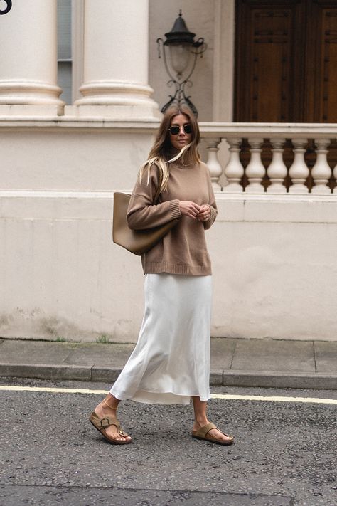 The Cozy-Chic Fall Outfit I Want to Wear Now Slip Skirt Outfit, Closet Revamp, Satin Skirt Outfit, Satin Slip Skirt, Birkenstock Outfit, Chique Outfits, Chic Fall Outfits, Summer Swimwear, Satin Midi Skirt