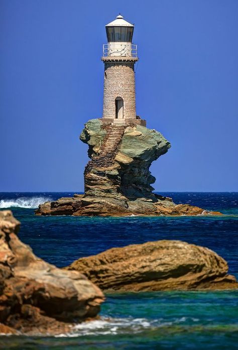 Tourlitis lighthouse Greece Andros Greece, Rocky Cliff, Lighthouses Photography, Lighthouse Photos, Lighthouse Painting, Lighthouse Pictures, Lighthouse Art, Beautiful Lighthouse, Beacon Of Light