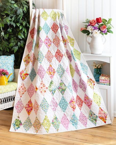 Shabby Fabrics on Instagram: "Bring the beauty of a garden inside with the Diamond Garden Quilt featuring the Jolie collection from Moda Fabrics United Notions. Enjoy the splendor of the vibrant prints that really pop off the white background. Achieving the diamonds is made easy and accurate using the Creative Grids USA Mini 60 Degree Diamond Ruler! Shop Jolie fabrics & kits in our link in bio! #shabbyfabrics #quiltshop #quilter #quilting #sewing #quilters #quiltinglove #ilovequilting #quilti Diamond Quilts, Diamond Quilt Pattern, Sewing Seams, Fat Quarter Quilt, Laser Cut Kit, Birdhouse Designs, Marcus Fabric, Quilt As You Go, Scrap Quilt