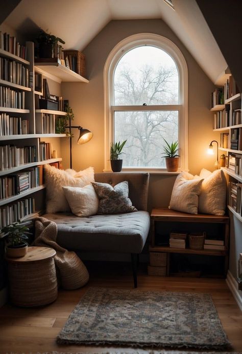 25 Cozy Reading Nook Ideas for Book Lovers Modern Reading Room Ideas, Ideas For Reading Corner, Cozy Places To Read, Closet Library Nook, Loft Reading Area, Tiny Reading Nook In Bedroom, Corner Library Nook, Reading Nook Ideas For Small Spaces, Cozy Reading Nook Aesthetic