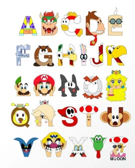 Mario Cartoon Alphabet, Alphabet Code, Character Pictures, Lettering Art, Hand Lettering Art, Cartoon Character Pictures, Themed Classroom, Painted Letters, Fonts Alphabet