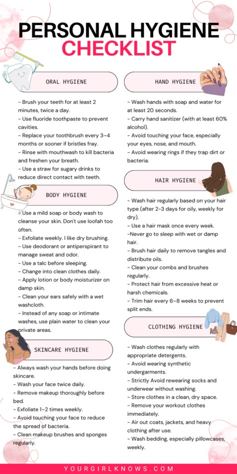 From Head to Toe: The Personal Hygiene Checklist You Didn’t Know You Needed How To Get Good Hygiene, Basic Hygiene Women, Best Hygiene Routine, How To Be Hygienic, Hygiene Tips Women, Basic Hygiene Checklist, Daily Hygiene Routine For Women, Period Hygiene Tips, High Maintenance Checklist