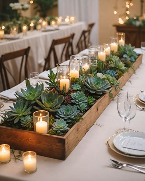 10 Succulents For Wedding Centerpieces And Decor Succulent Wedding Tables, Plants For Centerpieces Wedding, Wedding Tables With Succulents, Succulents As Centerpieces, Table Decor With Succulents, Wedding Table Flower Arrangements Rustic, Cactus Table Decorations, Sage Green Table Centerpieces, Landscape Centerpiece Ideas