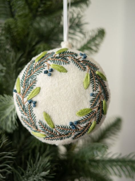 Buy Botanical Felt Christmas Ornaments Pattern Beginner PDF Embroidery and Sewing Pattern for DIY Elevated Holiday Decor Online in India - Etsy Christmas Hand Embroidery Patterns Felt Ornaments, Christmas Textile Crafts, Felt Christmas Ornaments Patterns Free Bird Template, Felt Ornament Embroidery, Felt Embroidery Tutorial, Wool Felt Embroidery, White Felt Christmas Ornaments, Diy Felted Ornaments, Felt Ornaments Embroidered