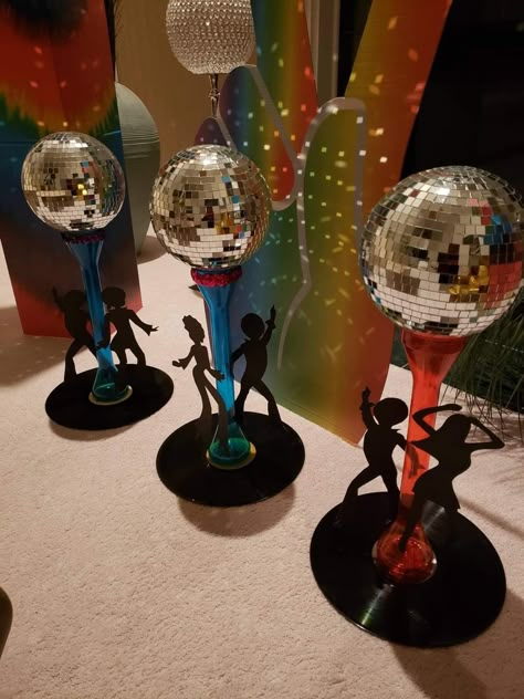 Soul Train Balloon Garland, 70s Disco Party Centerpieces, Dancing Through The Decades Centerpieces, 1970 Theme Party Ideas Decor, 70s Party Theme Centerpieces, 70s Party Table Decorations, 70s Disco Table Decorations, Soul Train Themed Party Centerpieces, 70s Party Centerpieces Table Settings