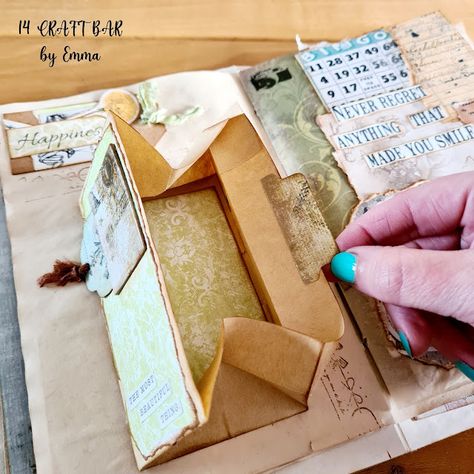 Junk Journal Pages Ideas Pockets, Altered Book Pockets, Decorating Junk Journal Pages, Scrapbook Pocket Ideas, Junk Journal Flip Out Pages, Pop Up Journal Page, Interactive Junk Journal Pages, Junk Journal Pocket Ideas, Paper Pockets Diy