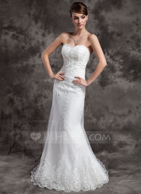 Trumpet/Mermaid Sweetheart Court Train Satin Tulle Wedding Dress With Lace Beading (002015010) - JJsHouse Country Style Wedding Dresses, Mermaid Sweetheart, Lace Beading, Wedding Dress With Lace, Maid Of Honour Dresses, 2015 Wedding Dresses, Satin Tulle, Affordable Wedding Dresses, Wedding Dresses Satin