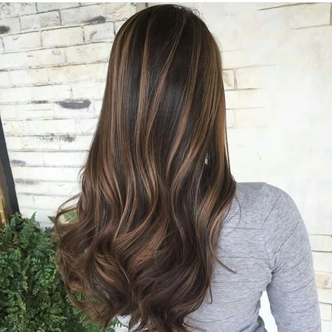 Carmel Highlights In Black Hair, Jet Black Hair With Caramel Highlights, Light Brown Partial Highlights, Dark Brown Hair With Highlights Shoulder Length, Hair Styels, Black Hair Balayage, Brown Hair Looks, Brown Hair Inspo, Brunette Hair With Highlights