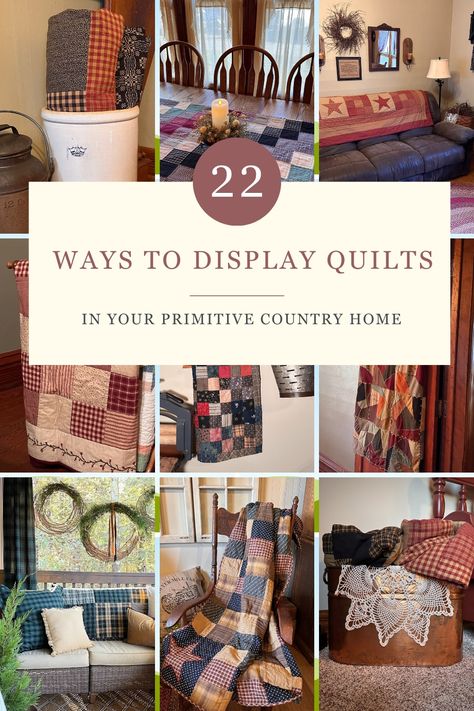 Rolled quilts in a crock, quilt folded over the couch, quilt displayed on a rocker. 22 ways to display quilts in your home. How To Hang Large Quilts On Wall, Displaying Vintage Quilts, Decorating With Old Quilts, Quilt Displays Ideas, Displaying Quilts On Wall, How To Display Old Quilts, How To Display A Quilt, How To Hang Quilts On Wall Ideas, Display Quilts Ideas