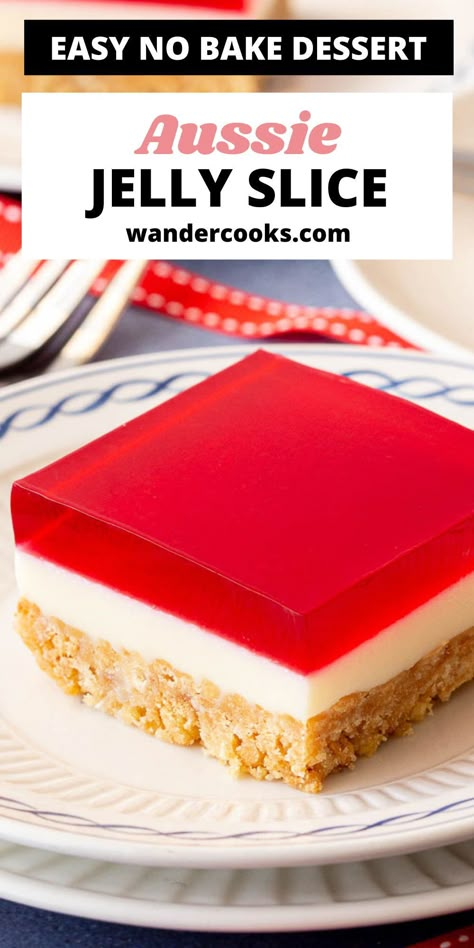 Jelly slice is a sweet and stunning treat for parties and gatherings, guaranteed to disappear the instant it hits the table! This super easy jelly slice recipe features the iconic three layers – biscuit base, condensed milk and red jelly – and only 7 ingredients. Jelly Party Ideas, Jelly Tarts Recipes, Jelly And Condensed Milk Dessert, Easy Slices Recipes, Condensed Milk Slice, Christmas Slices Recipes, Jelly Slice Recipe, Easy Jelly Recipes, Jelly Dessert Recipes