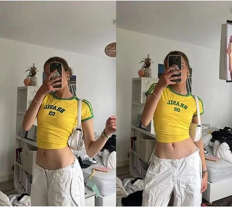 #graphictee #brazil #croptop Brazil Street Style, Brazil Crop Top, Brazil Street, Street Wear Aesthetic, Brazil Shirt, 2000s Summer, Y2k Shirts, Cut Off Shirt, Crop Top Y2k