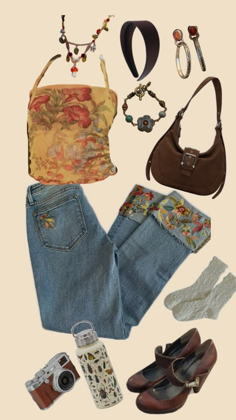 #cottagecore #floral #earthytones #outfit #cute #inspo Cottagecore Going Out Outfit, Cute Outfit Cottage Core, Cute Vintage Outfits Summer, Downtown Cottagecore Outfits, Vintage Cool Outfits, Vintage Earthy Outfits, Botanical Aesthetic Outfit, Sunny Aesthetic Outfits, Vintage Thrift Aesthetic Outfits