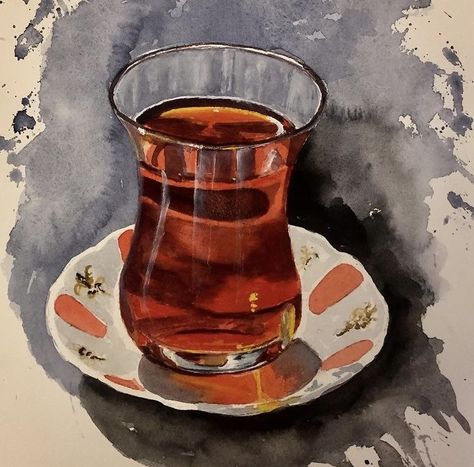 Turkish Tea Drawing, Tea Painting Art, Tea Art Drawing, Cup Of Tea Painting, Tea Illustration Art, Red Persian Carpet, Tea Drawing, Tea Cup Drawing, Tea Painting