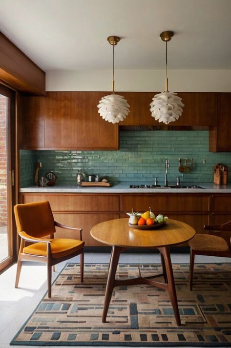 15 Unique Mid-Century Modern Kitchen Ideas to Transform Your Space - whatdosquirreleat.com Mcm Kitchen With Island, Kitchen 70s Modern, Mid Century Modern Tiny Kitchen, Eclectic Mid Century Modern Kitchen, Mid Century Breakfast Bar, Mid Century Apartment Kitchen, Mid Century Modern Kitchen Apartment, Mid Century Contemporary Kitchen, Mid Century Modern Scandinavian Kitchen