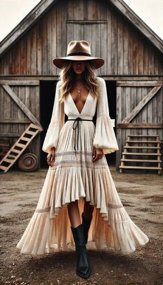 Boot Barn Dresses, Rustic Dress Outfits, Maxi Dress With Cowboy Boots, Boho Style Photoshoot, Boho Maxi Dress Outfit, Country Boho Outfit, Outfit With Cowgirl Boots, Cowgirl Boots And Dress Outfit, Barn Outfits