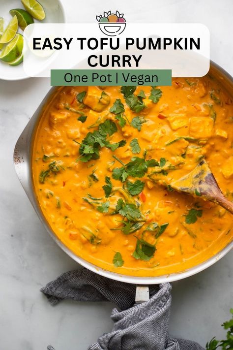 This delicious easy tofu pumpkin curry can be ready to eat in just about 30 minutes and has a short and sweet ingredient list. Thai red curry paste add tons of flavor and some heat that is balanced out by the sweetness in canned pumpkin. Tofu Pumpkin Curry, Pumpkin Curry Thai, Tofu Curry Recipes, Tofu Red Curry, Pumpkin Tofu, Curried Tofu, Thai Pumpkin Curry, Easy Vegetarian Dinners, Appetizers Football