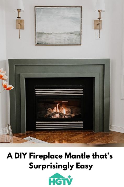 Green fireplace mantle Diy Mantle Surround, Fireplace No Mantle, Fireplace Photoshoot, Easy Diy Fireplace, Fireplace Surround Diy, Fireplace Facelift, Mantle Makeover, Diy Fireplace Mantle, Diy Fireplace Mantel