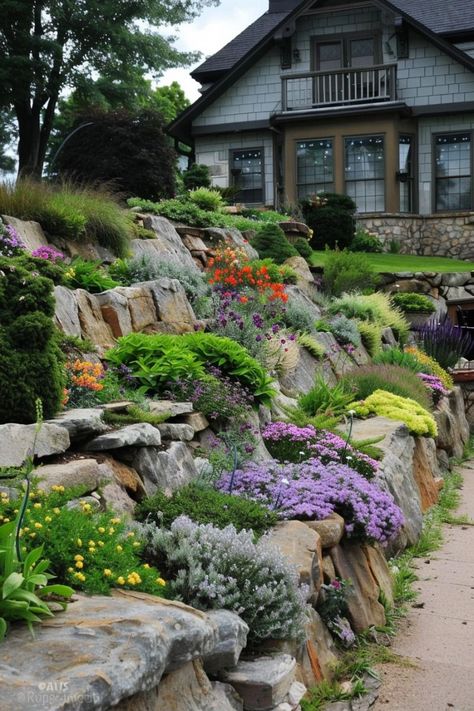 Integrate a pond, waterfall, or fountain to add a soothing sound and focal point to your garden. Unique Garden Edging Ideas, Steep Hillside Landscaping, Zen Yard, Unique Landscaping, Backyard Retaining Walls, River Rock Landscaping Ideas, Front Lawn Landscaping, River Rock Landscaping, Rock Landscaping Ideas