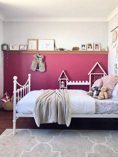 I had a shelf up in my daughter’s room as she loves to display her artwork and nature finds from bush walks etc, however we were running out of space on it so I decided to make her a new wall length shelf using timber skirting boards. I also felt like her room was lacking a little colour and warmth so I decided to incorporate the new shelving I had planned into a feature wall. I purchased 2 different styles of timber skirting boards to make the shelves. For the bottom piece I chose… Wall To Wall Picture Ledge Bedroom, Feature Wall With Shelf, Feature Wall Shelves, Wall Length Shelf, Picture Ledge Nursery, Timber Skirting, Picture Frame Shelf, Diy Plate Rack, Wooden Blanket Ladder