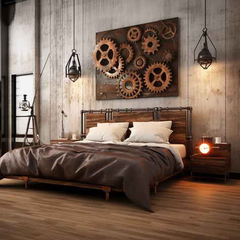 Industrial Themed Bedroom, Steam Punk Interior Design, Industrial Theme Bedroom, Steampunk Aesthetic Room, Steampunk Room Ideas, Feminine Industrial Bedroom, Steam Punk Bedroom, Steampunk Living Room, Steampunk Bedroom Ideas