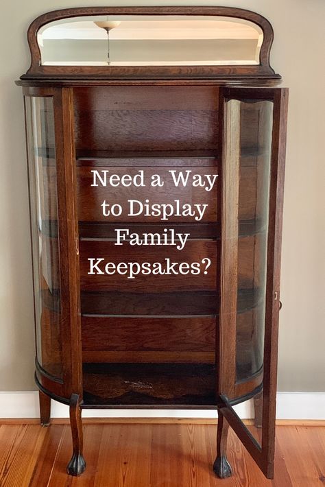 Repurposed Antique China Cabinet, Antique Cabinet Decor, How To Display Keepsakes, Antique Curio Cabinet Display, How To Display China Without A Cabinet, Styling Curio Cabinet, Fine China Display Ideas, Family Keepsake Ideas, Displaying Sentimental Items