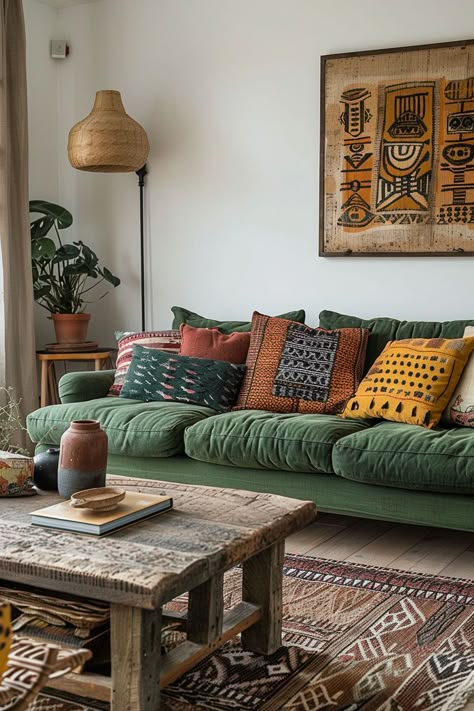 Mustard Living Rooms, Green Couch Living Room, Green Sofa Living, Green Sofa Living Room, Boho Living Room Decor, Living Room Green, Boho Living Room, Couches Living Room, Apartment Living Room