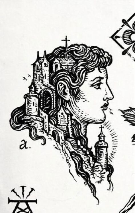 Fantasy city of castles in a portrait of a medieval woman in the style of cross hatching lino cut print. Unknown artist. Medieval Wall Art, Medieval Illustration Fantasy Art, Mideaval Tattoo Design, Lino Print Style Tattoo, Medieval Woman Tattoo, Medieval Drawing Reference, Medieval Inspired Art, Medieval Woman Drawing, Medevil Drawings