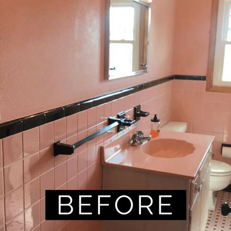 Pink Sink Bathroom Retro Renovation, Pink Tiles Bathroom, Retro Tile Bathroom, Vintage Pink Tile Bathroom, Pink Tile Bathroom Ideas, Pink Bathroom Tile, Pink And Green Bathroom, Vintage Tile Bathroom, 1950s Interior Design