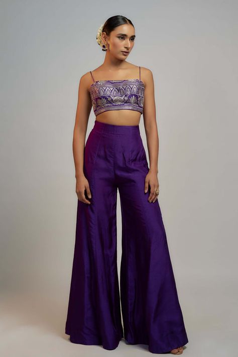 Gopi Vaid | Purple sanya jacket and palazzo set Sangeet Outfit Pants, Haldi Guest Outfit Simple, Lehenga With Pants, Sangeet Guest Outfit Indian Weddings, Dressy Palazzo Pants Outfit Wedding, Indo Western Sangeet Outfit For Women, Simple Indo Western Outfits, Navratri Outfits Ideas, Navratri Fits