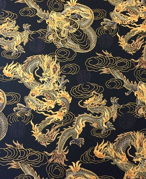 Dragon Japan Black Gold Fire Cloud ... Asian Fabrics, Gold Chinese Dragon, Dragon Fabric, Large Dragon, Chinese Prints, Asian Fabric, Chinese Pattern, Dragon Artwork Fantasy, Black Backdrop