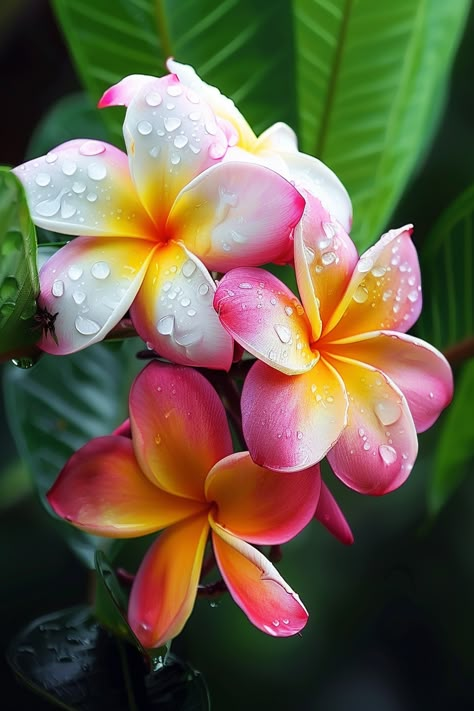 Plumeria, also known as Frangipani, is famous for its fragrant, waxy flowers which come in a variety of colors including white, yellow, pink, and red. These flowers are often used in leis and have an intoxicating scent.  Light: Full sun. Water: Water deeply but infrequently, allowing the soil to dry out between waterings. Soil: Well-draining soil. Temperature: 60-75°F (15-24°C). Humidity: Moderate to high. Fertilizer: High-phosphorus fertilizer, every 2-3 months.Plumeria's fragrant blooms are perfect for tropical-themed gardens or container planting.  Plumeria's fragrant blooms are perfect for tropical-themed gardens or container planting. Plumeria Flowers Painting, Plumeria Aesthetic, Frangipani Plant, Fiori Frangipani, Red Frangipani, Exotic Flowers Tropical, Plumeria Plant, Pink Frangipani, Tropical Plumeria