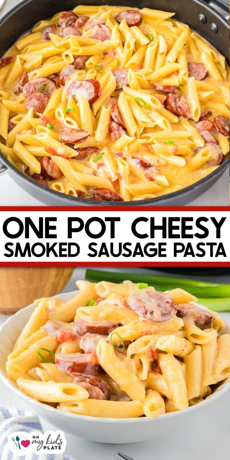 Easy cheesy one pot smoked sausage pasta is made in less then 30 minutes. The perfect fast easy weeknight dinner, this cheesy pasta dish will become a new family favorite! My family even looks forward to the leftovers of this flexible recipe. One Pot Smoked Sausage Pasta, Creamy Smoked Sausage Pasta, One Pot Smoked Sausage, Cheesy Smoked Sausage Pasta, Sausage Pasta Dinner, Smoked Sausage Recipes Pasta, Sausage Pasta Skillet, Cheesy Sausage Pasta, Easy Sausage Recipes