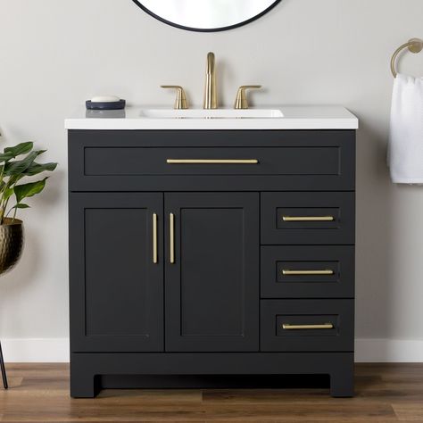 Small White Bathroom With Black Accents, 37” Bathroom Vanity, Bathroom Vanity Side Splash, Bathroom Cabinets Single Sink, Bathroom Vanity Ideas 36 Inch, Half Bath Sink Vanity, Black Vanity Hardware, 36” Bathroom Vanities, Black Vanities Bathroom