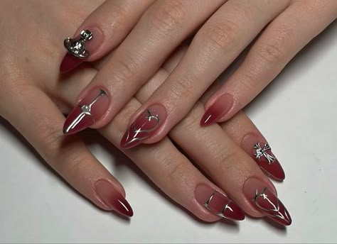 Oval Y2k Nails, Long Almond Nails Y2k, Y2k Gel X Nails, Chrome Douyin Nails, Red Nails Fancy, Aespa Core Nails, Maroon Aura Nails, Aura Red Nails, Neotribal Nails