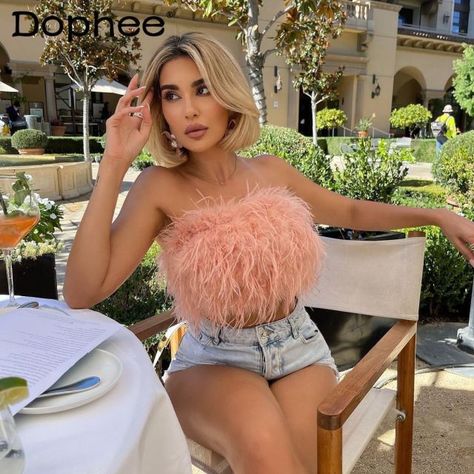 Street Fashion Comfortable Ostrich Feather Tube Top Vest Women's Camisole Tank Top Ladies Party Birthday Nightclub Top Pre-sale - Tanks & Camis - AliExpress Summer Outfits Retro, Harry Styles Outfit Inspo, Fur Crop Top, 90s Summer Outfits, Camisole Top Outfit, Feather Crop Top, Anna Hair, Girly Summer Outfits, Party Crop Tops