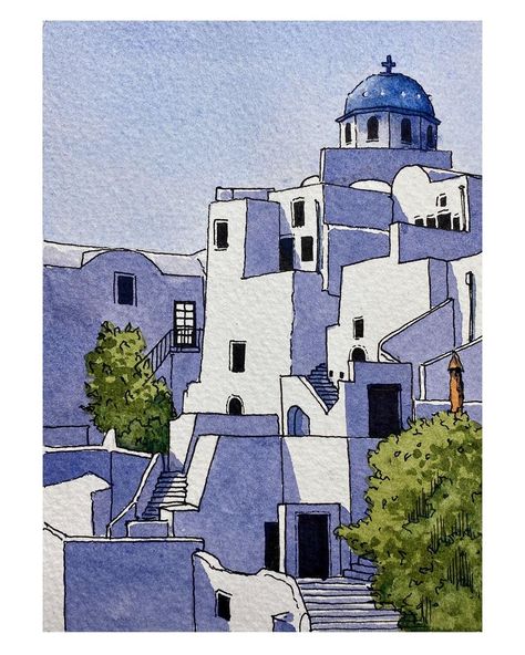 Another version of Santorini this one is available in my Etsy Shop #lineandwashpainting #penandinkdrawing #sketching #drawing… | Instagram Architectural Sketch Watercolor, Santorini Greece Drawing, Drawing Reference Building, Greek Buildings Drawing, Santorini Watercolor Painting, Santorini Sketch, Watercolour Line Art, Building To Draw, Santorini Drawing